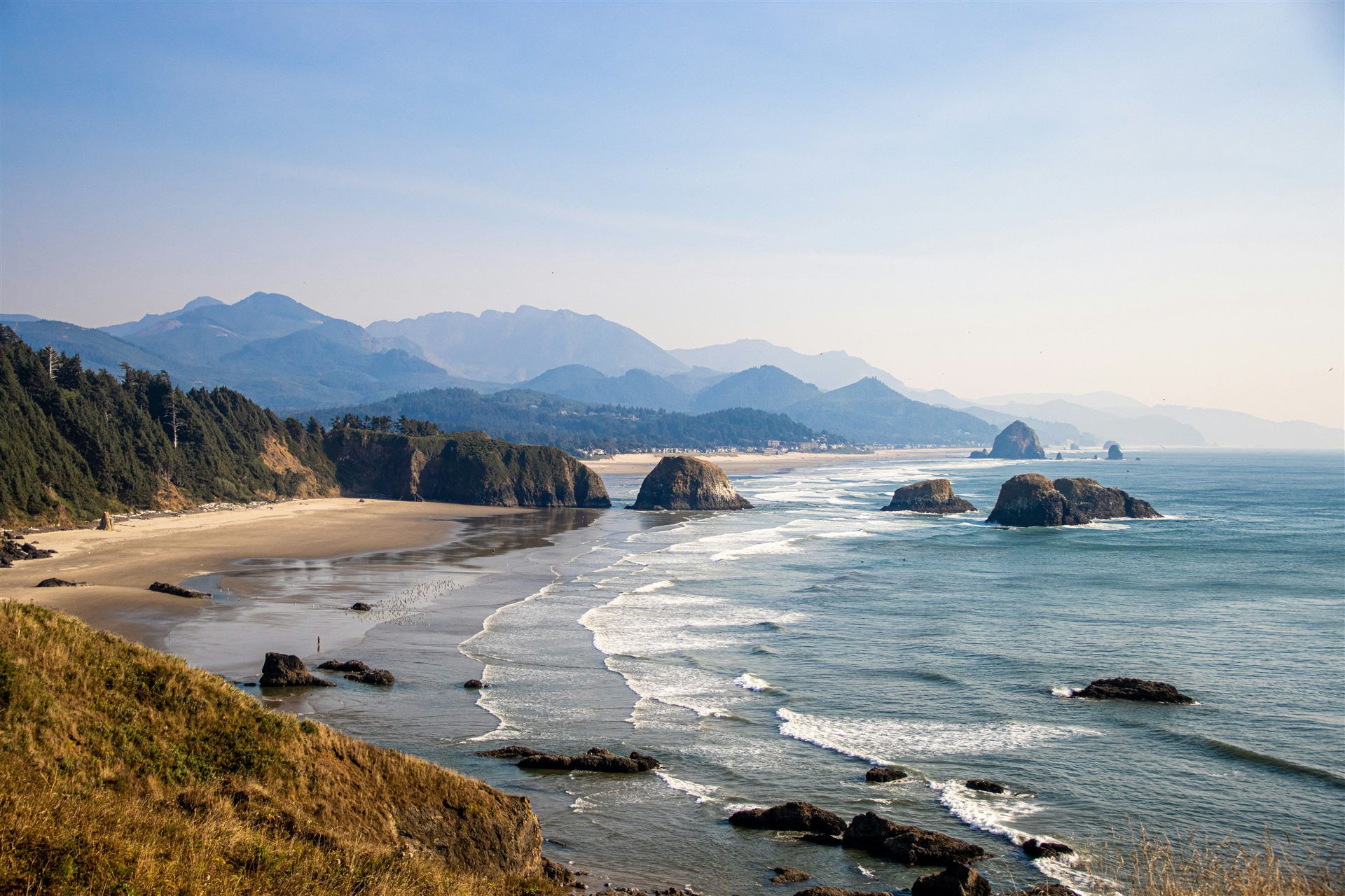 Haystack Rock and the coastline at Cannon Beach, Oregon